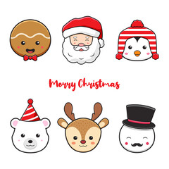 Set collection of cute christmas character head doodle cartoon icon illustration