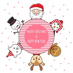 Cute christmas character greeting merry christmas and happy new year cartoon doodle card background illustration