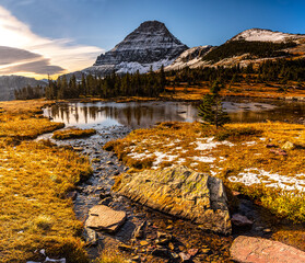 Small Lakes and Snow Capped Reynolds Mountain With Fall Color, Glacier National Park, Montana, USA
