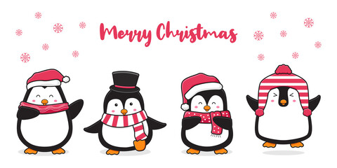 Cute penguin family greeting merry christmas cartoon doodle card background illustration