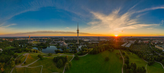 Sunrise over Munich. An authentic image of the bavarian capital in the morning with a beautiful sunrise.
