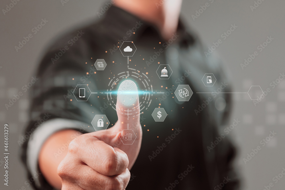 Poster Security of personal financial data are all concepts. A guy uses a mobile banking app with face ID and a future technology interface to scan his fingerprints.