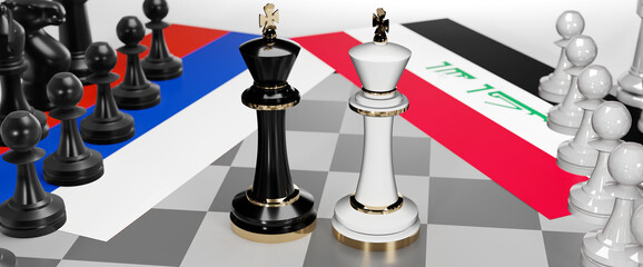 Russia and Iraq conflict, clash, crisis and debate between those two countries that aims at a trade deal and dominance symbolized by a chess game with national flags, 3d illustration