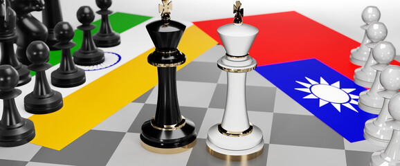 India and Taiwan conflict, clash, crisis and debate between those two countries that aims at a trade deal and dominance symbolized by a chess game with national flags, 3d illustration