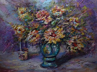   Art painting Hand drawn Oil color Colorful Flowers in a vase      