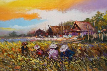 Art painting Oil color Harvest Rice , Countryside in the provinces Thailand on canvas