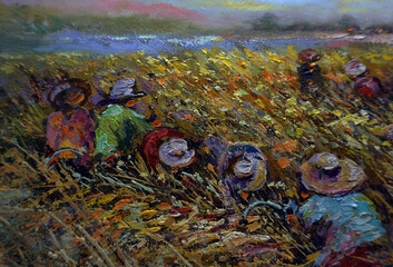 Art painting Oil color Harvest Rice , Countryside in the provinces Thailand on canvas