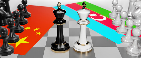 China and Azerbaijan conflict, clash, crisis and debate between those two countries that aims at a trade deal and dominance symbolized by a chess game with national flags, 3d illustration