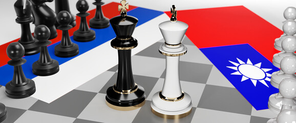 Russia and Taiwan conflict, clash, crisis and debate between those two countries that aims at a trade deal and dominance symbolized by a chess game with national flags, 3d illustration
