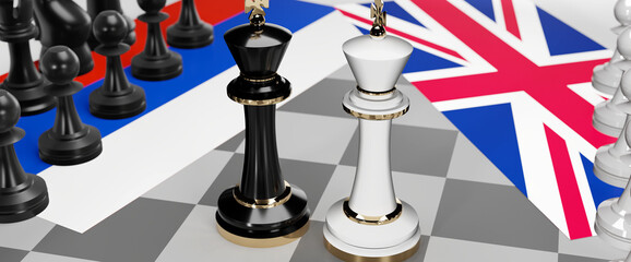 Russia and UK England conflict, clash, crisis and debate between those two countries that aims at a trade deal and dominance symbolized by a chess game with national flags, 3d illustration