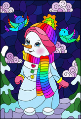 An illustration in the style of a stained glass window on the theme of winter holidays, a cheerful cartoon snowman in a hat and scarf, against the background of a winter night landscape