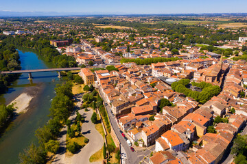 Scenic top view of the city Muret and Garonne river. France