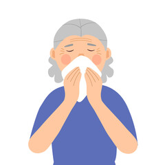 Senior woman sneezing concept vector illustration. Old female sneeze in handkerchief. Sick woman has a flu. Season allergy.