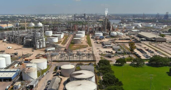 Aerial view of chemical plants and surrounding neighborhoods