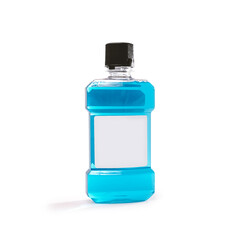 Mouthwash or oral rinse bottle with blank paper label on white background. Product used to rinse teeth and gums. Blue liquid against bad breath and cavities plaque. Dental health.