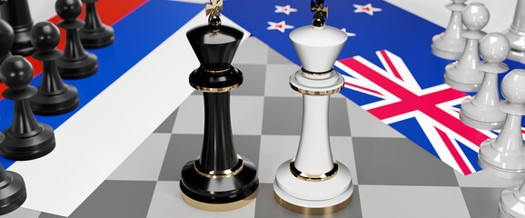 Russia and New Zealand conflict, clash, crisis and debate between those two countries that aims at a trade deal and dominance symbolized by a chess game with national flags, 3d illustration
