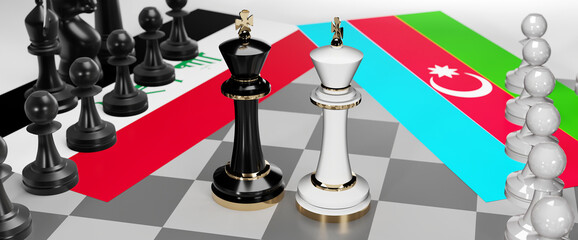 Iraq and Azerbaijan conflict, clash, crisis and debate between those two countries that aims at a trade deal and dominance symbolized by a chess game with national flags, 3d illustration