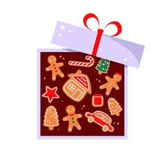 A set of cute gingerbread cookies in a gift box with a bow. Flat design.
