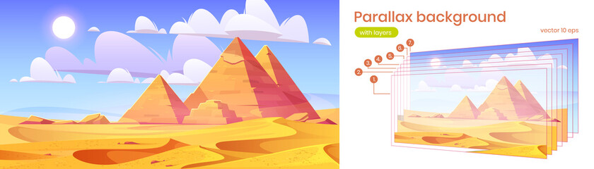 Egypt pyramids parallax background 2d desert landscape. Egyptian ancient landmarks at golden sand dunes of Sahara nature cartoon scenery view with separated layers for game scene, Vector animation