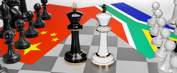 China and South Africa conflict, clash, crisis and debate between those two countries that aims at a trade deal and dominance symbolized by a chess game with national flags, 3d illustration