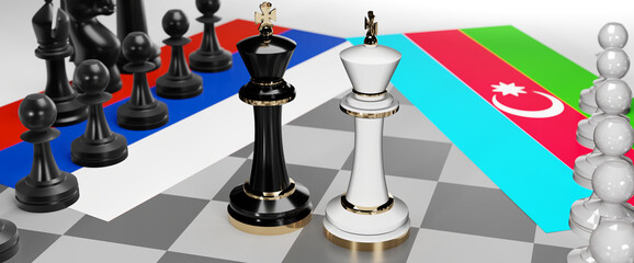 Russia and Azerbaijan conflict, clash, crisis and debate between those two countries that aims at a trade deal and dominance symbolized by a chess game with national flags, 3d illustration