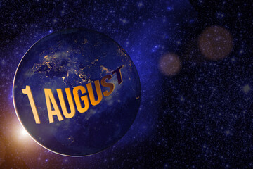 August 1st . Day 1 of month, Calendar date. Earth globe planet with sunrise and calendar day. Elements of this image furnished by NASA. Summer month, day of the year concept.
