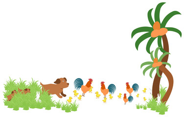 Cartoon summer PNG frame with coconut trees, grass, meadow, gods rabbits, hens, chicks, animals. This can  use for the bottom of the page or slide.