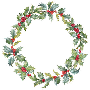 Beautiful floral christmas wreath with hand drawn watercolor winter flowers such as red poinsettia and holly branch. Stock 2022 winter illustration.