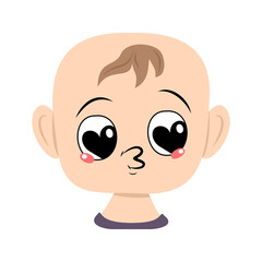 Child with big heart eyes and kiss lips. Head of cute baby with loving face
