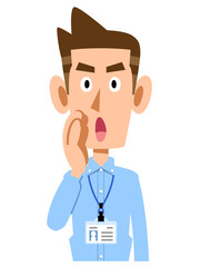社員証を付け、呼びかける水色のシャツを着た男性
