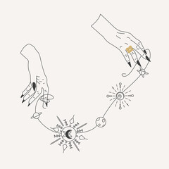 Vector illustration of woman`s hands holding planets.  Witches hands. Print design, stickers, flash tattoo.
