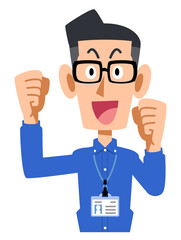 社員証を付け、ガッツポーズするメガネをかけて青いシャツを着た男性
