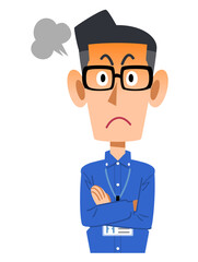 社員証を付け、怒りの表情のメガネをかけて青いシャツを着た男性
