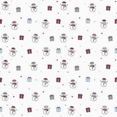 Seamless pattern with snowmen and presents. Christmas background. Vector