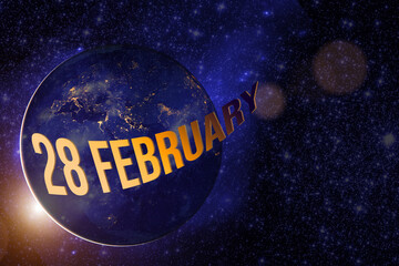 February 28th. Day 28 of month, Calendar date. Earth globe planet with sunrise and calendar day. Elements of this image furnished by NASA. Winter month, day of the year concept.
