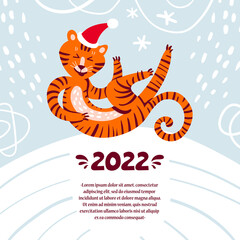 Vector cartoon poster with funny tiger. Colorful background on the theme Happy New Year, winter