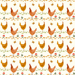Cute chicken watercolour pattern. Hand painted with folklore elements.
