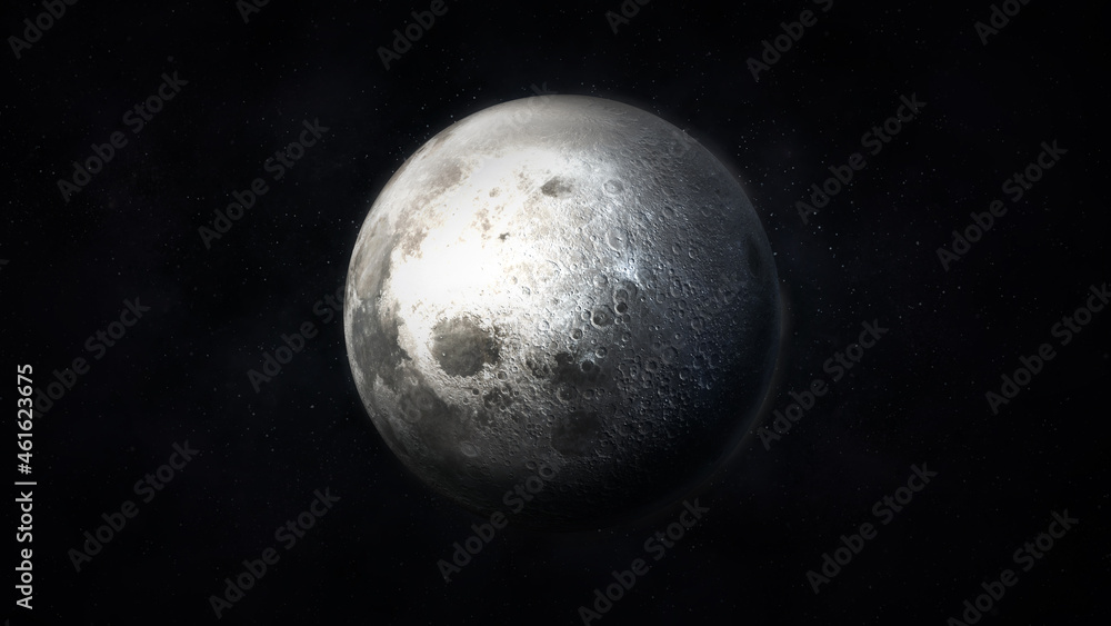 Poster dark gray image of a realistic moon in space.