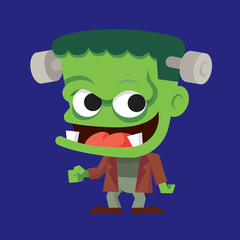 Flat design cartoon cute green zombie laughing with two teeth on dark blue background. Vector character