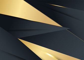 Vector luxury tech background. Stack of black paper material layer with gold stripe. Arrow shape premium wallpaper