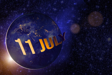 July 11st . Day 11 of month, Calendar date. Earth globe planet with sunrise and calendar day. Elements of this image furnished by NASA. Summer month, day of the year concept.