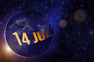 July 14th. Day 14 of month, Calendar date. Earth globe planet with sunrise and calendar day. Elements of this image furnished by NASA. Summer month, day of the year concept.