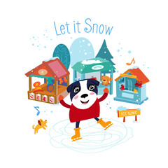 Let it snow. Cute dog at Christmas market on ice rink. Hand drawn vector illustration. T-shirt lettering for printing.