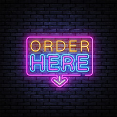 Order here neon for banner design. Order here Vector illustration word. Vector isolated symbol illustration. Banner vector. Online order