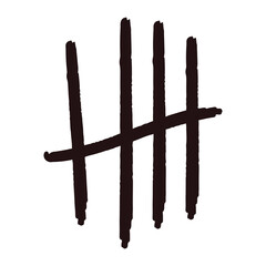 Tally marks lines or sticks hand drawn isolated on white background. Counting waiting number on wall prison. Grunge stroke. 
