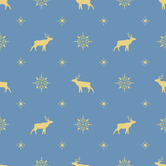 Vector classic christmas seamless pattern with stylized reindeers and snowflakes. Blue kids geometric background in scandinavian style for fabric, wrapping paper, packaging and wallpaper