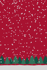 Snowfall and forest background for Christmas (vertical, green trees and red background)