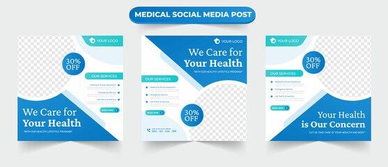 Set of medical healthcare service social media post feed square design for hospital clinic doctor and dentist health business marketing ads banner template