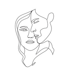 One Line Art Couple, Line Art Men and woman, Minimal Face Vector.  Couple print, Kiss print, Valentines Day Illustration. Love poster. 2 faces. We are one line. 