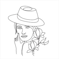 Woman face with flowers. Line art female hands with butterflies. One line vector drawing. Portrait minimalistic style. Botanical print. Nature symbol of cosmetics.